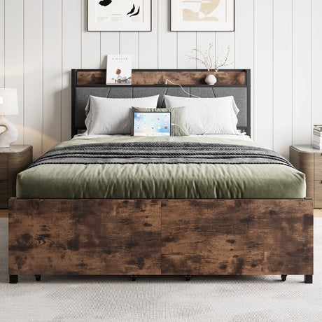 Upholstered-Platform-Bed-with-Storage-&-Charging-Station-Vintage-Brown-and-Gray-Beds-&-Bed-Frames