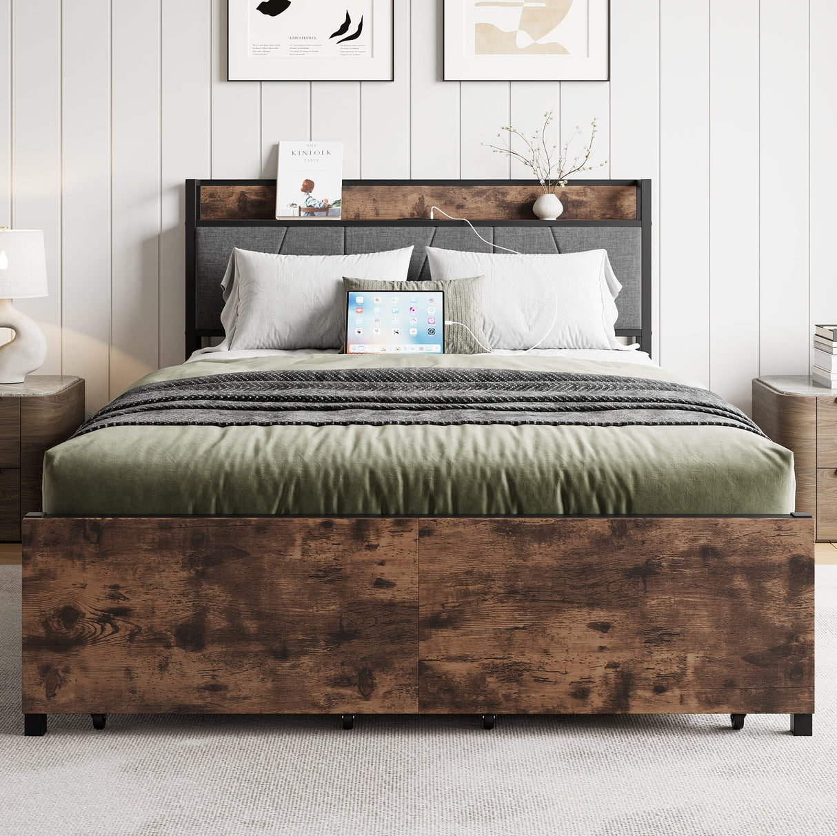 Upholstered Platform Bed with Storage and Charging Station in Vintage Brown and Gray
