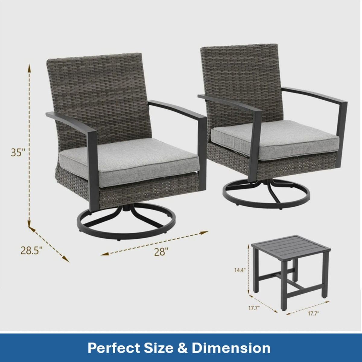 3 Piece Patio Furniture, Swivel Rocker Bistro Set With Side Table & Cushions For Porch - Gray