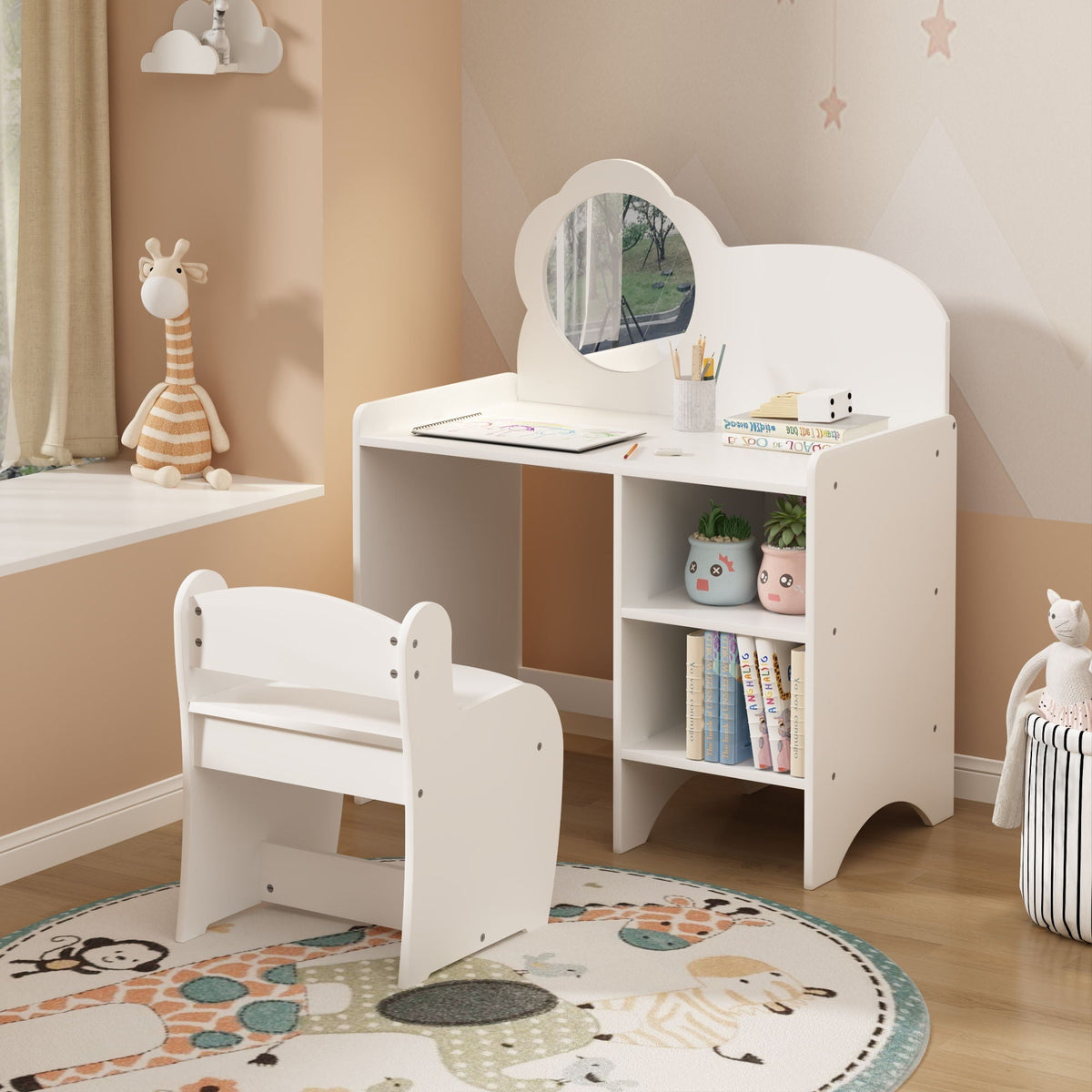 Kids Vanity Table with Mirror and Chair with Storage Shelves - White