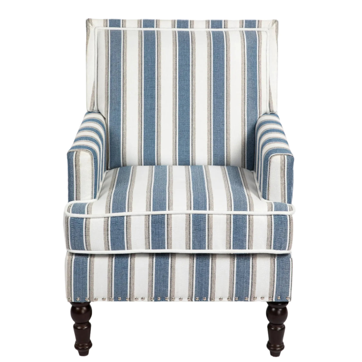 Upholstered Accent Chair with Striped Linen Fabric and Nailhead Trim
