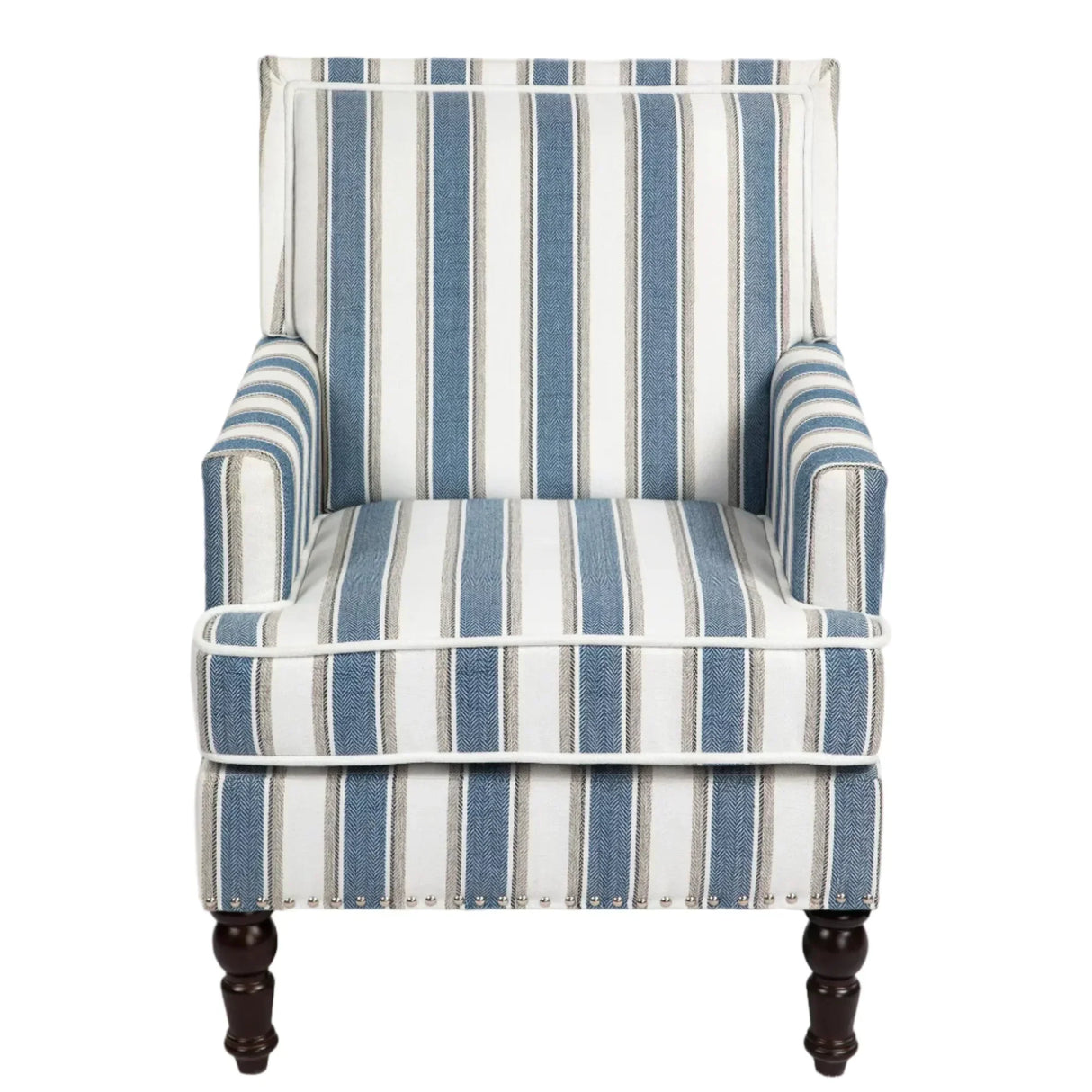 Upholstered Accent Chair with Striped Linen Fabric and Nailhead Trim
