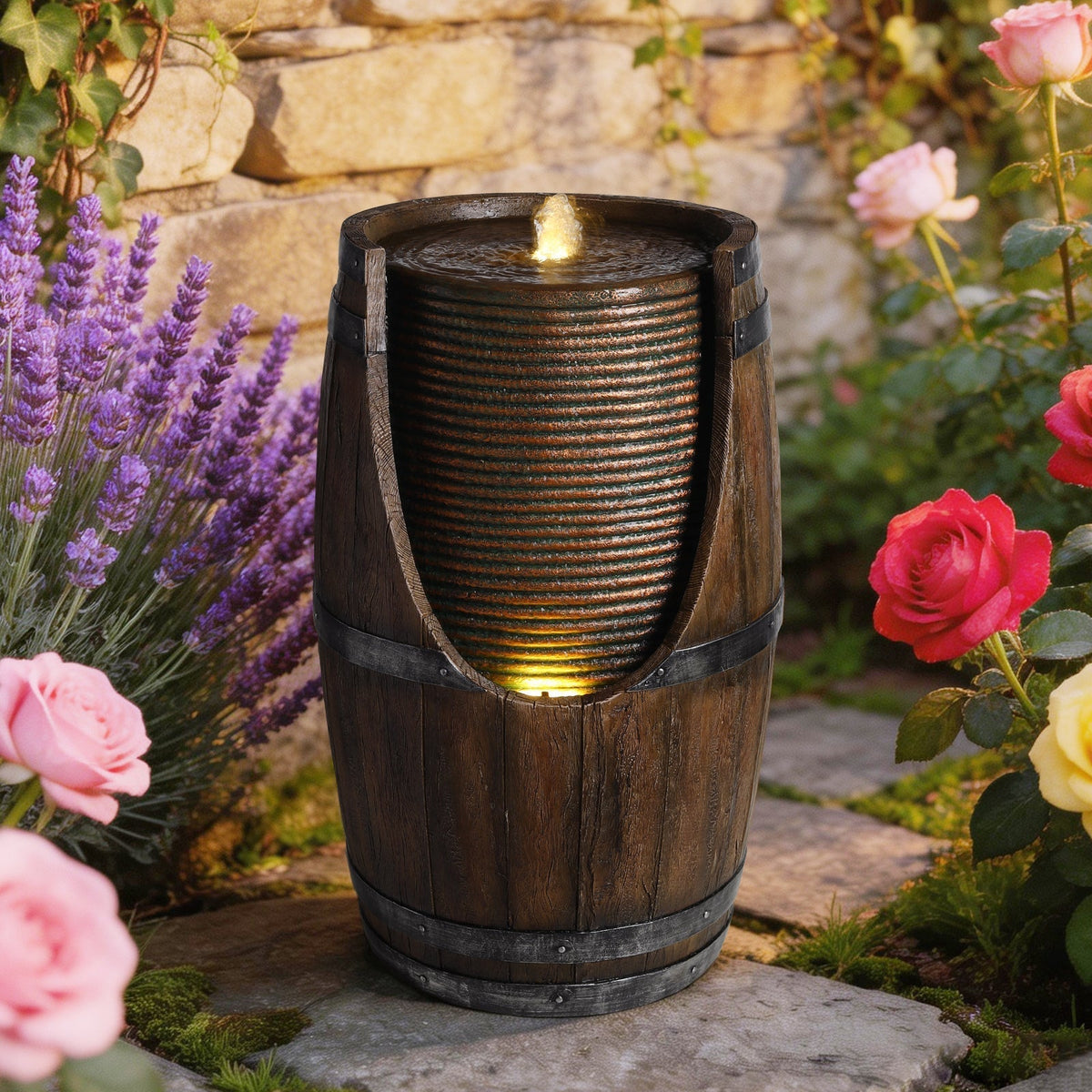 Outdoor Barrel Water Fountain with Lights Rustic Wood Look Resin Handmade Waterfall Garden Decor for Patio Yard Porch