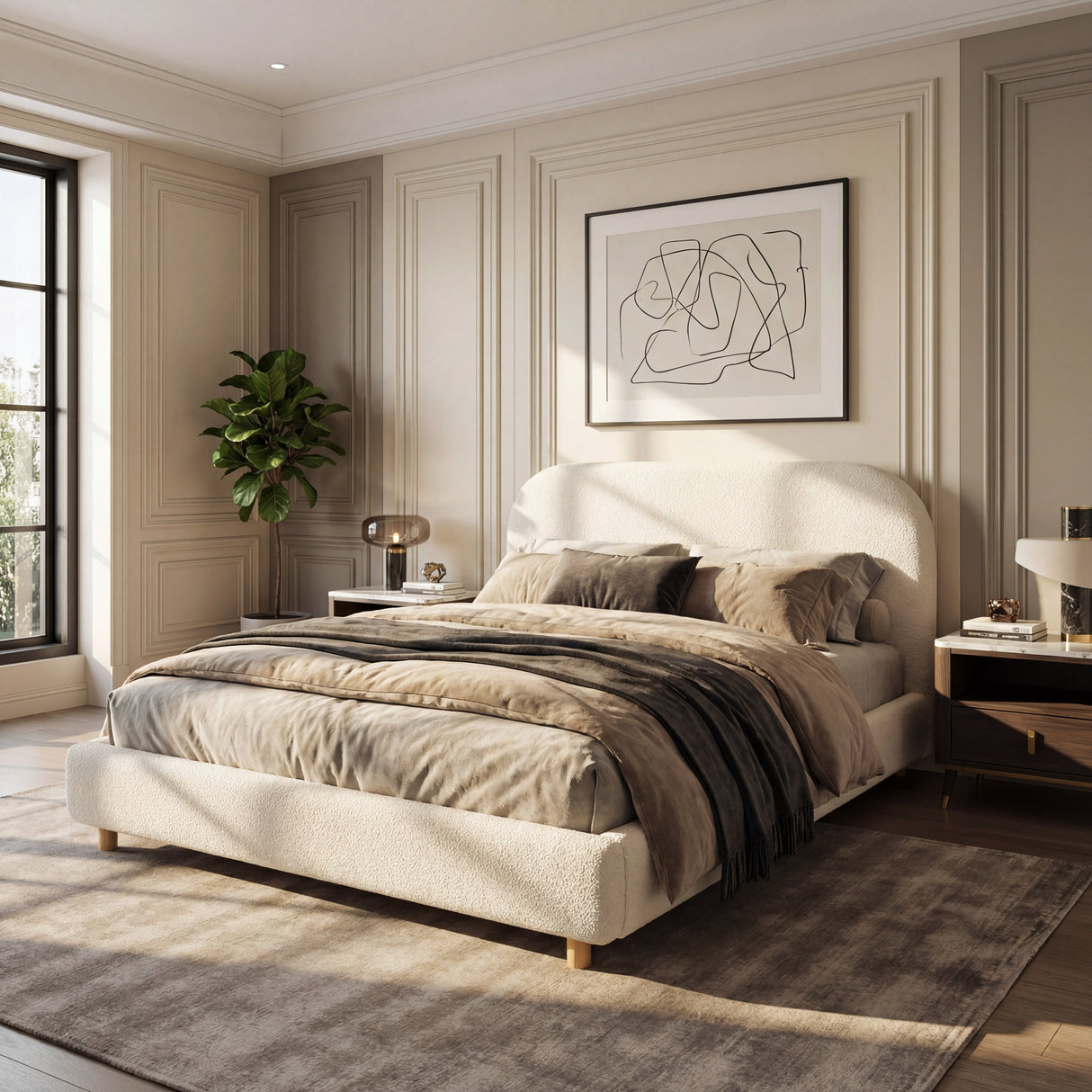 Queen Size Upholstered Bed With Boucle Fabric
