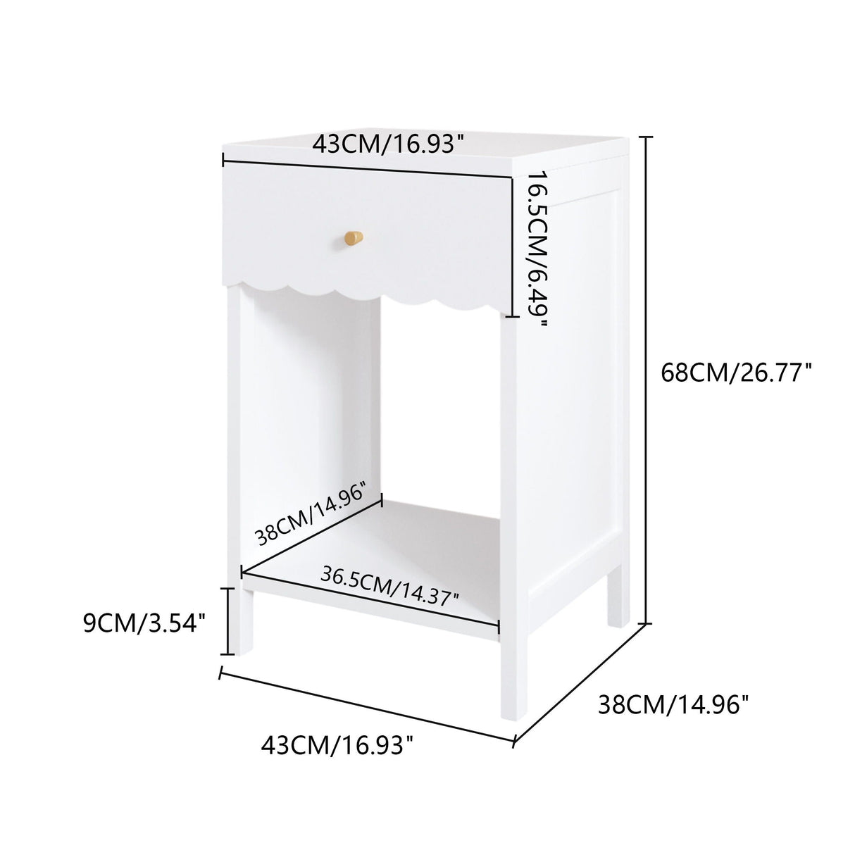 Nightstand With Drawer And Open Shelf, Scalloped Edge Bedside Table