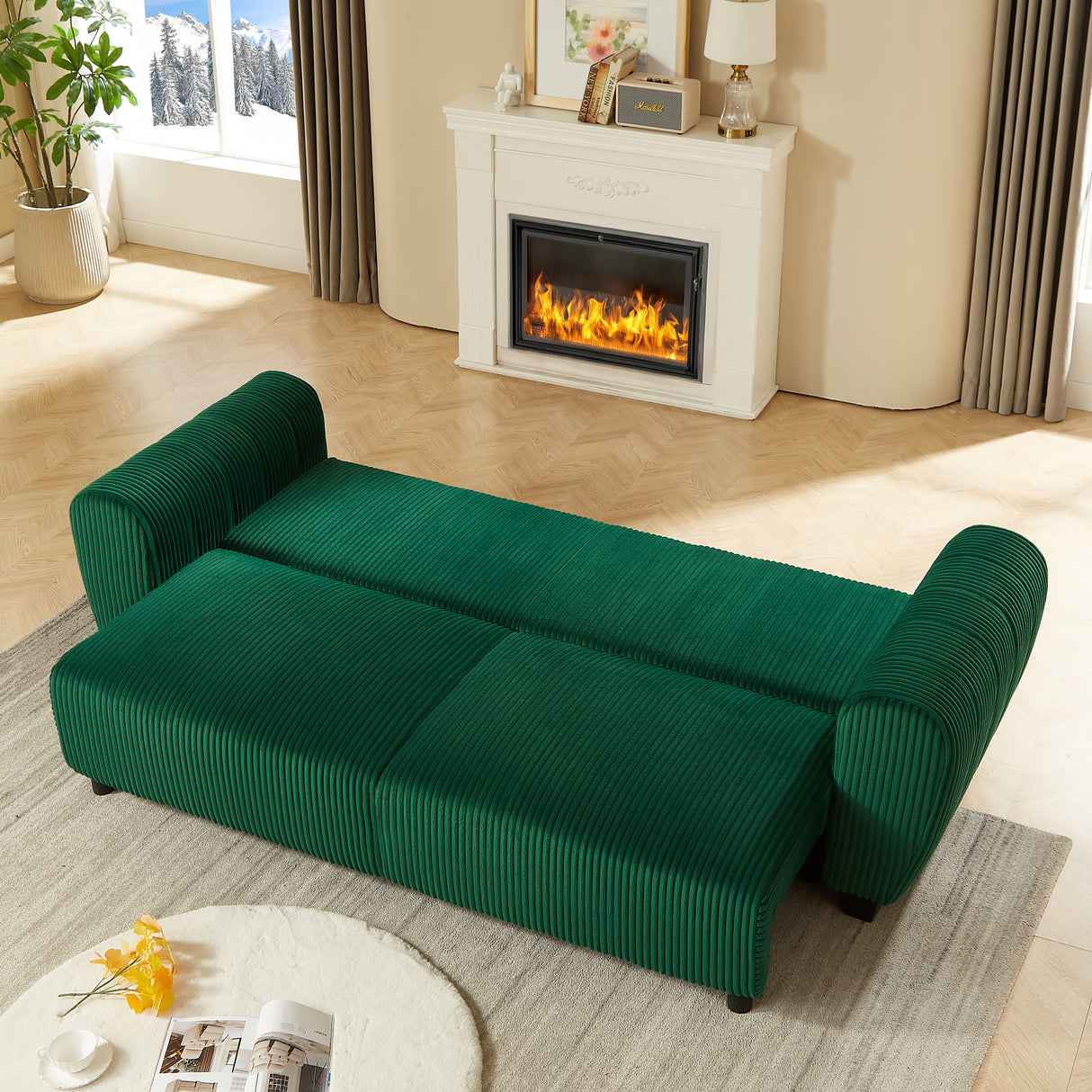 Corduroy-Upholstered-3-Seat-Sofa-Couch,2-in-1-Convertible,-Green-Sofas-&-Sectionals