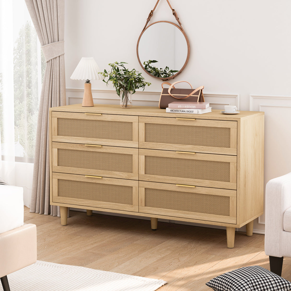 51.18' 6-Drawer Rattan Storage Cabinet Natural