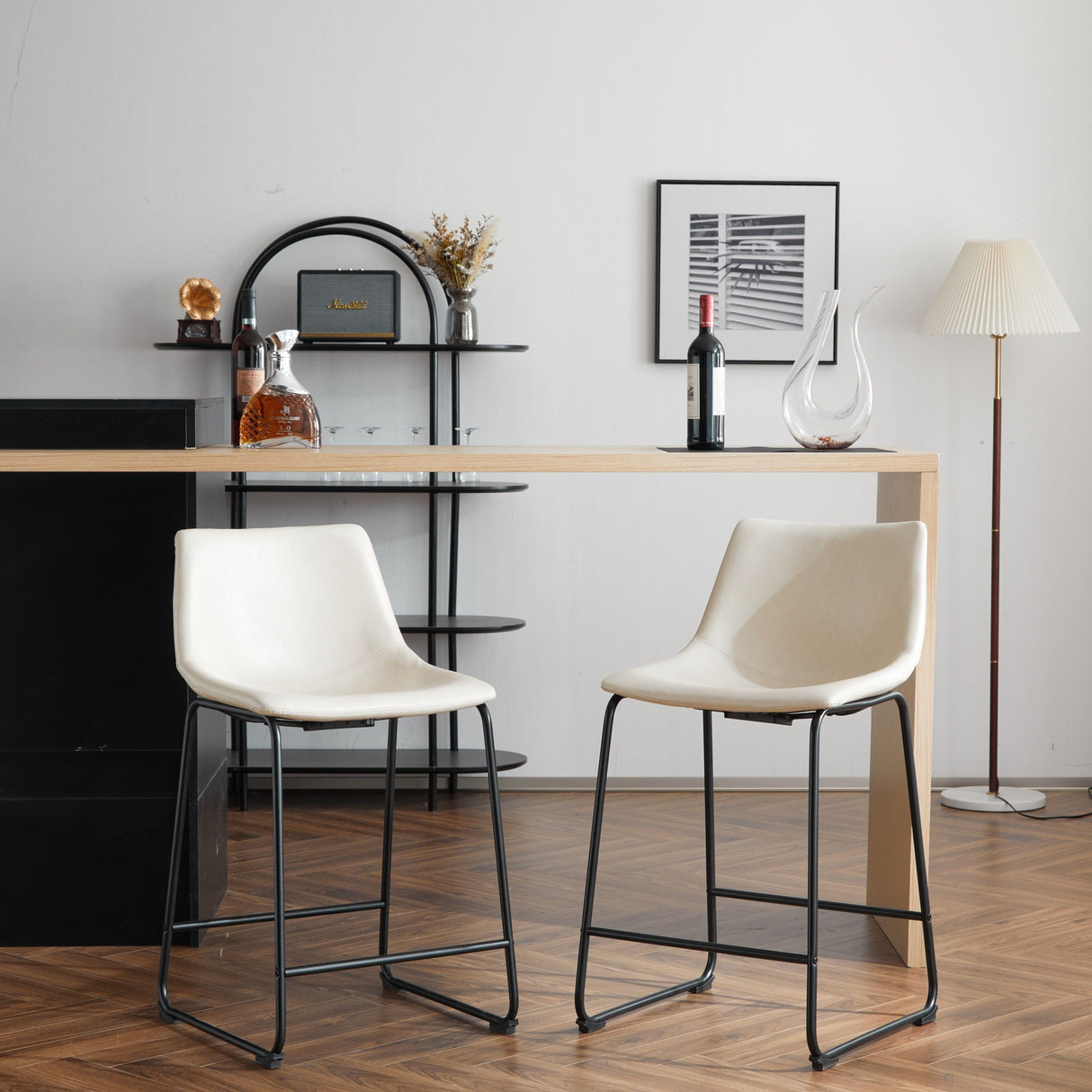 Vintage Style Armless Industrial Counter Stool With Metal Legs And Footrest For Kitchen Island, Cafe, Pub, Bar Counter (Set of 2) - Cream / Black