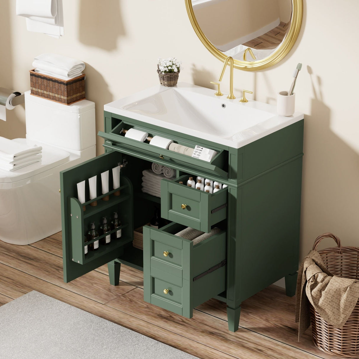 Bathroom Vanity With Top Sink, Storage Cabinet, 2 Drawers, Tip Out Drawer