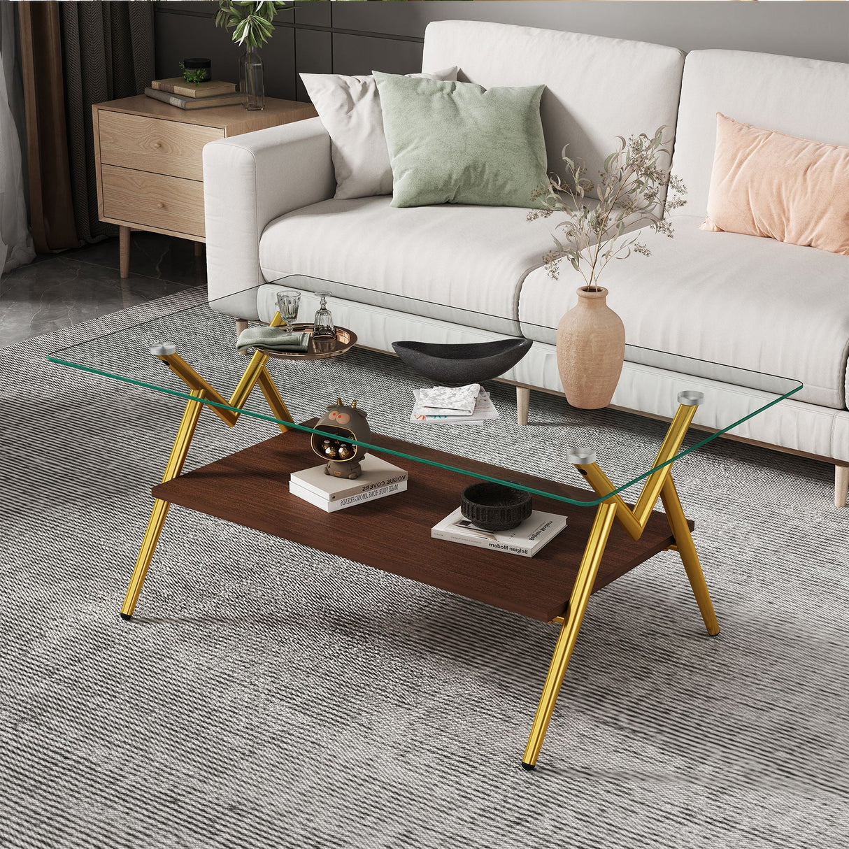 Rectangle Coffee Table With Tempered Glass Top And Shelf