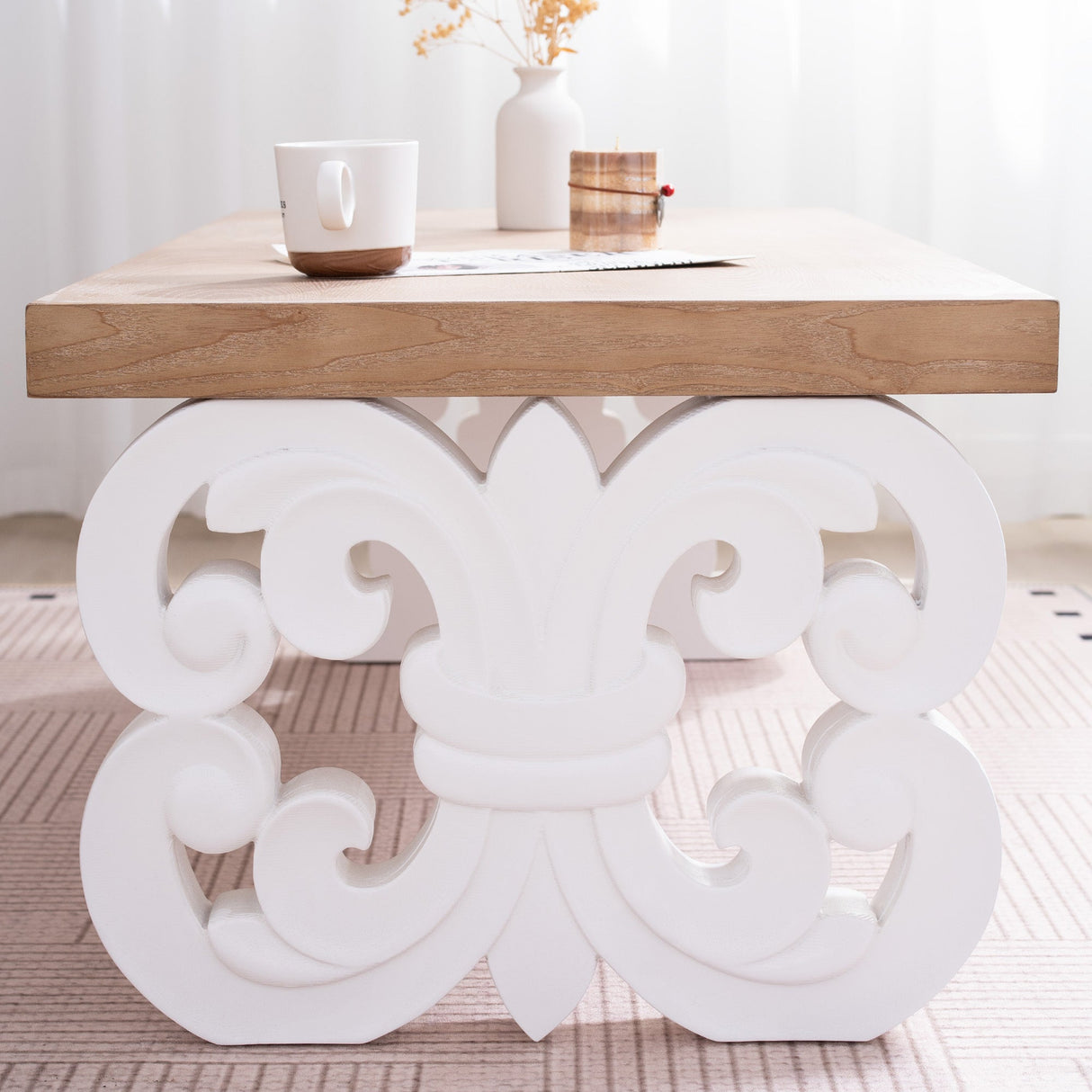Ornate Wood Coffee Table – 47' Rectangular Farmhouse Style Table with White Carved Base and Natural Wood Top – Living Room Accent Table – Elegant Centerpiece for Modern or Traditional Decor