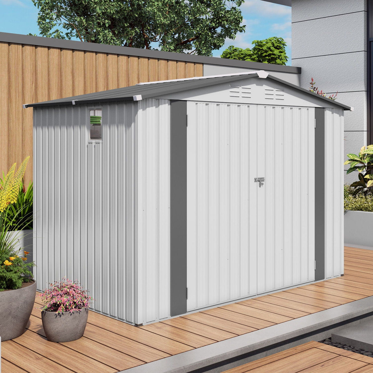 Outdoor Garden Storage Shed, Tool Shed With Pitched Roof Waterproof With 1 Window And 2 Lockable Door - White / Gray