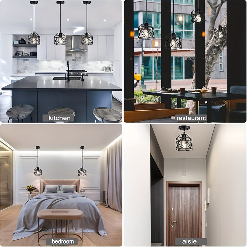 Industrial Farmhouse Pendant Light – Adjustable Metal Cage Fixture for Kitchen