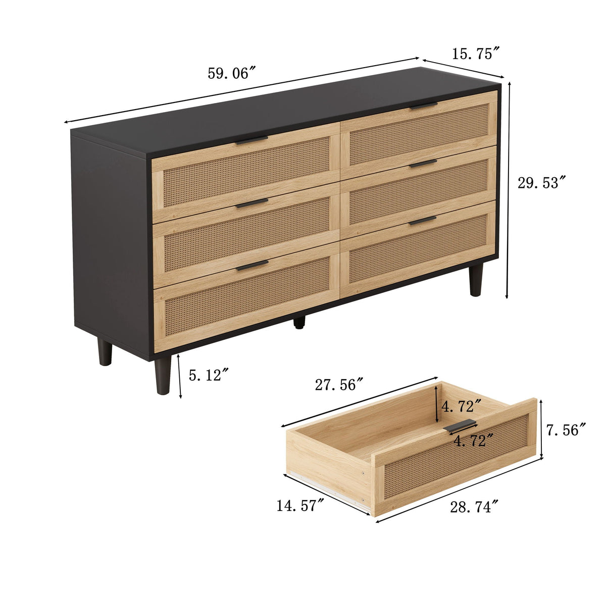 6 Drawer Storage Cabinet with Modern Rattan Drawers - Light Brown, Black, or White