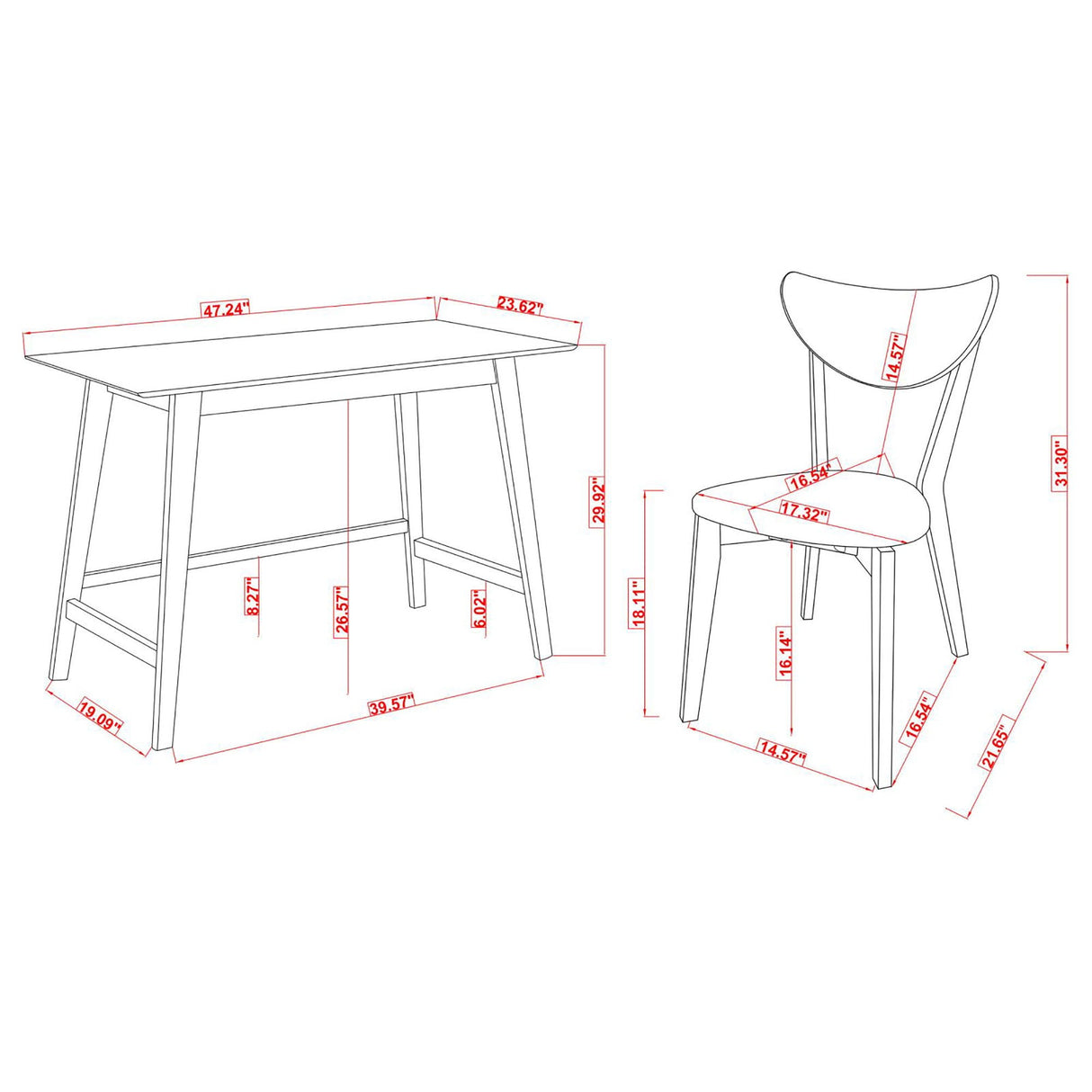 2 Piece Writing Desk Set With Chair - Brown