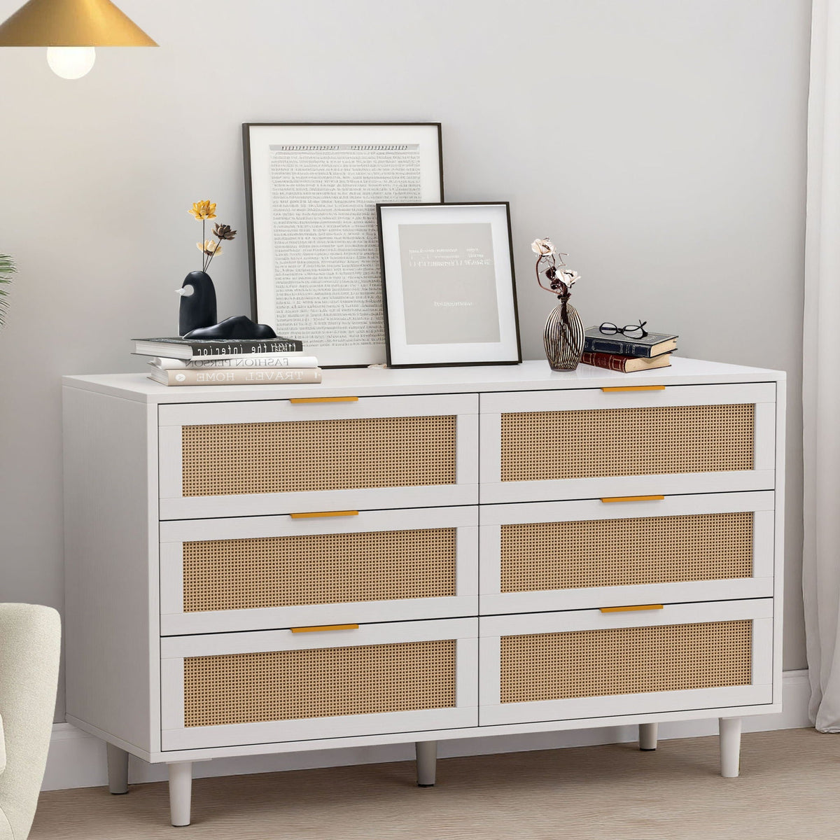 6 Drawer Storage Cabinet with Modern Rattan Drawers - Light Brown, Black, or White