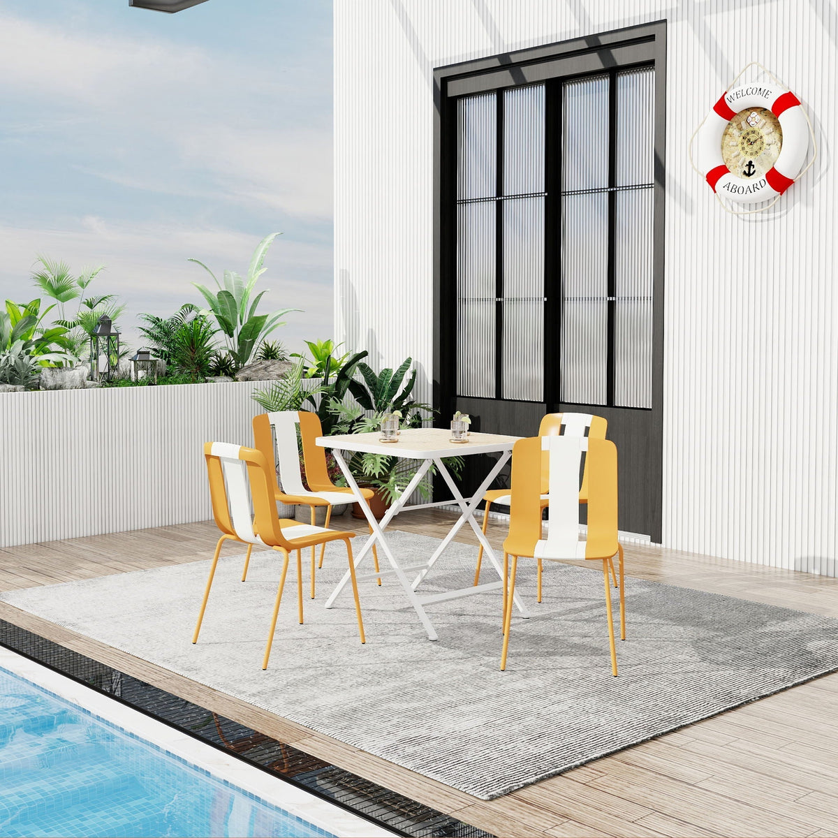 Modern Striped 4 Piece Outdoor Set with Folding Square Table - Orange or Green