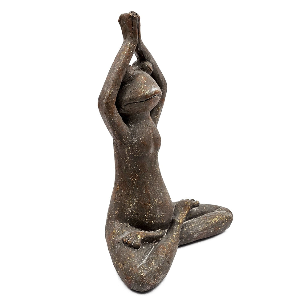 11.5x6.5x15 Brown Magnesium Yoga Frog Figurine in Namaste Pose with Gold Accents
