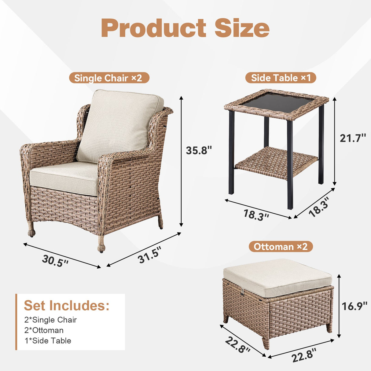 5-Piece Outdoor Lounge Chairs Set with Side Table and Ottomans