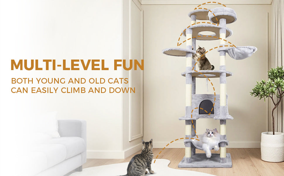 Gray Cat Tree with 3 Condos and Sisal Scratching Posts