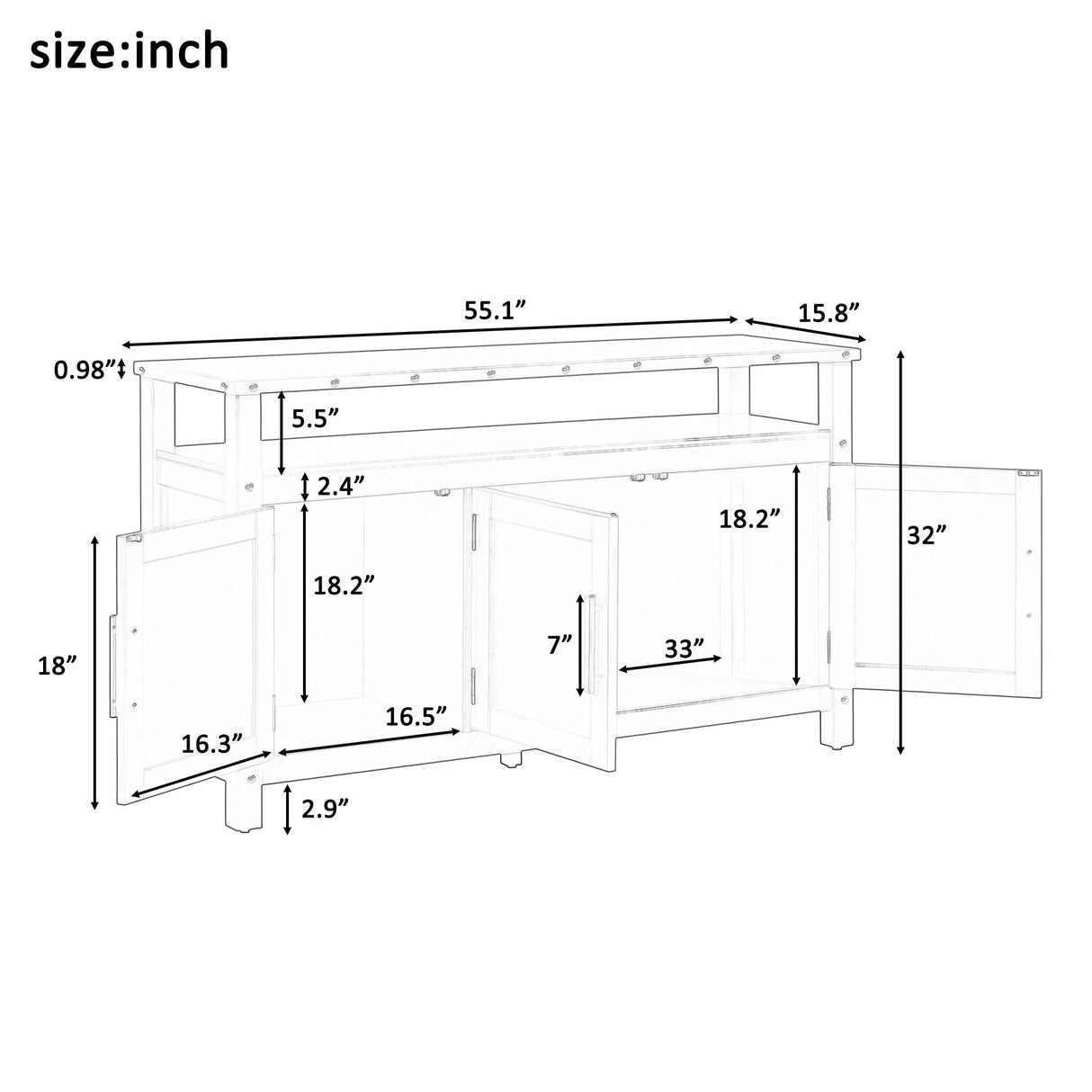 U_Styled 55.1'' Pine Wood Buffet Cabinet with 3-Door Storage