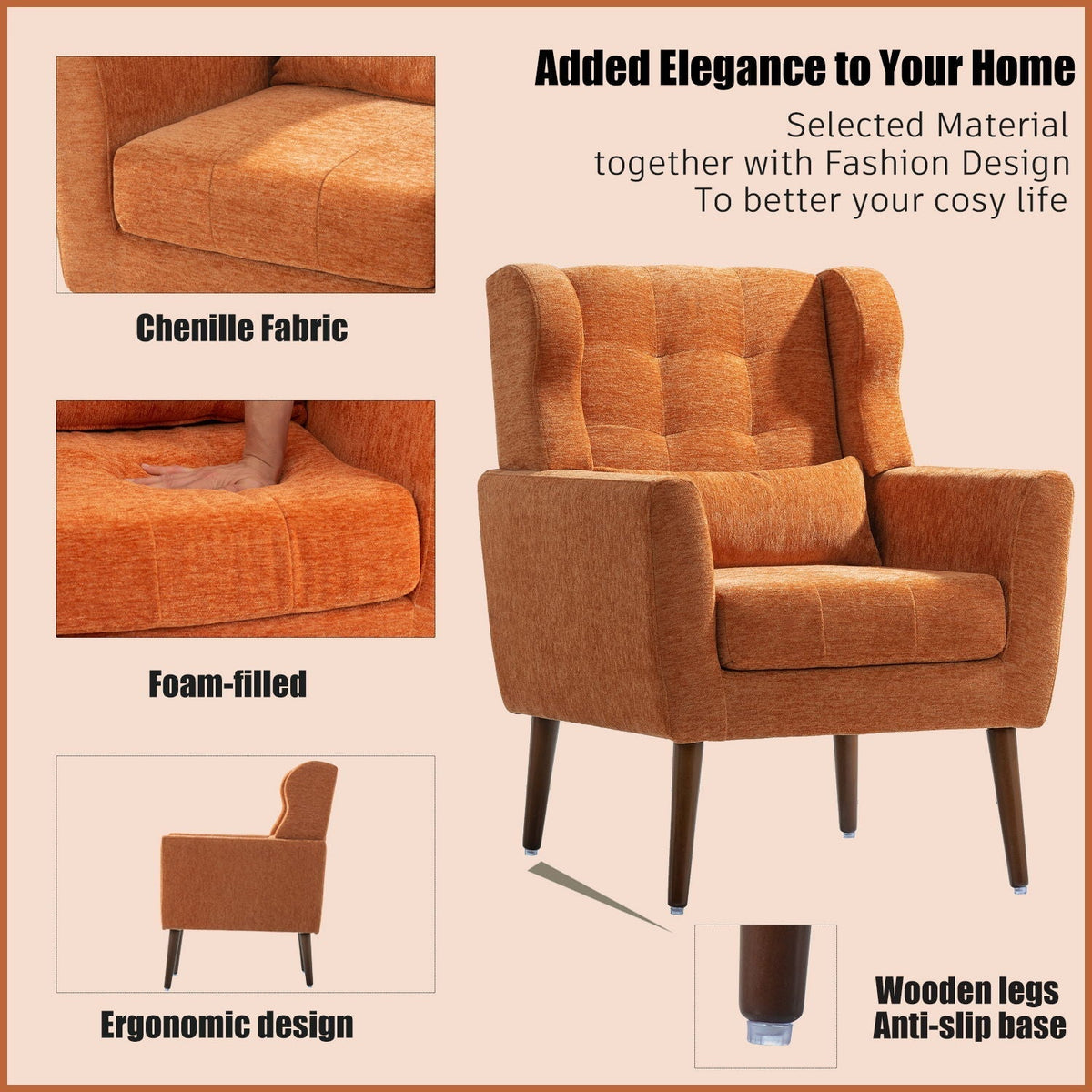 Modern Accent Chair, Arm Chairs For Living Room, Upholstered Mordern Armchair, Comfy Soft Padded Lounge Chair In Small Space, Bedroom, With Pillow, Solid Wood Leg