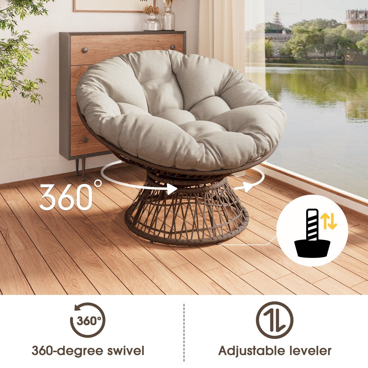 Ergonomic Wicker Chair with Cloud Density Cushion and Swivel