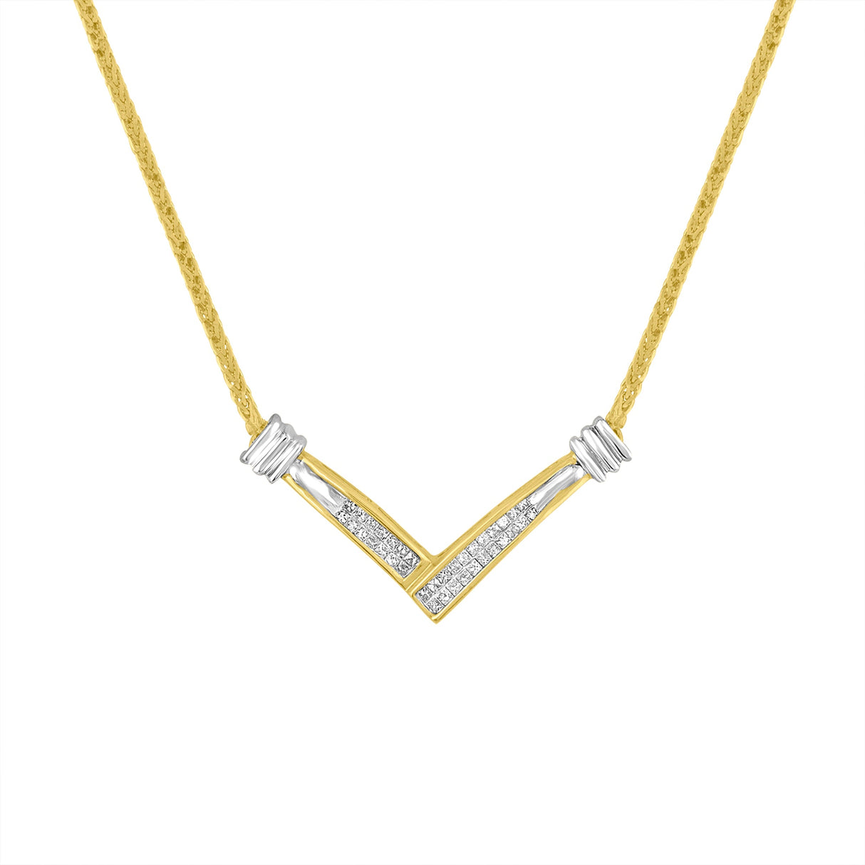 14K Yellow and White Gold 1/4 Cttw Princess Cut Diamond Channel-Set “V†Shape 18" Pendant Necklace (H-I Color, SI2-I1 Clarity)