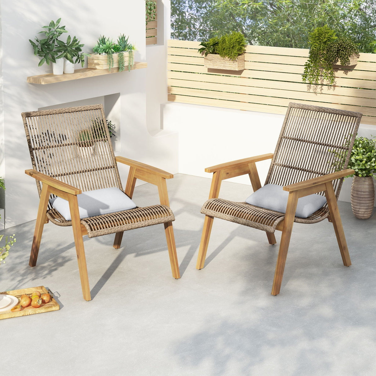 Acacia Wood Cape Woven Wicker Large Lounge Chair With Pillow (Set of 2)