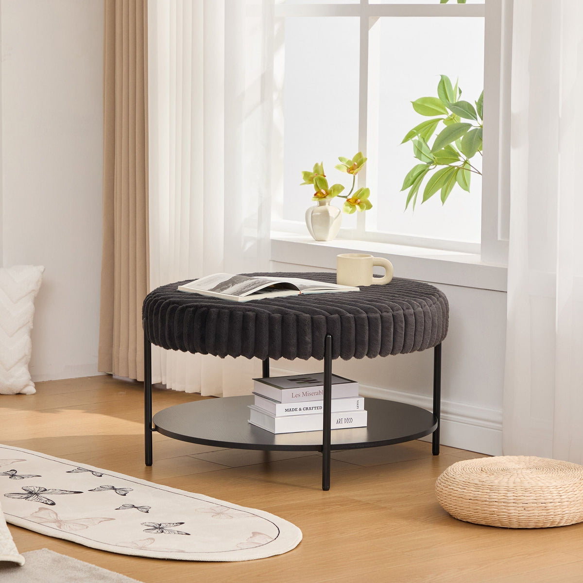 Modern Upholstered Round Ottoman Coffee Table With Storage Shelf