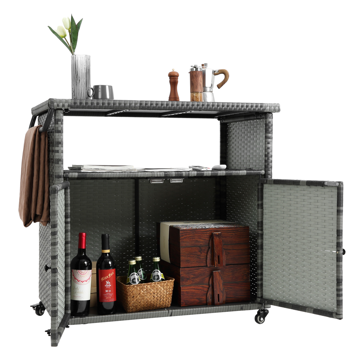 Outdoor Wicker Bar CartPatio Wine Serving Cart w/Wheels Rolling Rattan Beverage Bar Counter Table w/Glass Top for Porch Backyard Garden Poolside PartyLight brown