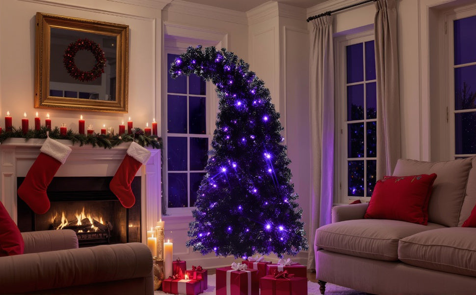 6Ft Curved Hat-Look Black Holiday Tree with Orange & Purple Lights