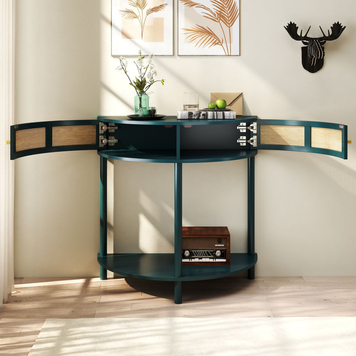 Boho Rattan Semi Circle End Table With Sliding Rattan Door, Storage And Bottom Shelf