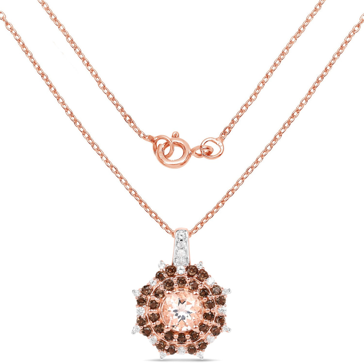 18K Rose Gold Plated 1.61 Carat Genuine Morganite, Smoky Quartz and White Zircon .925 Sterling Silver Pendant