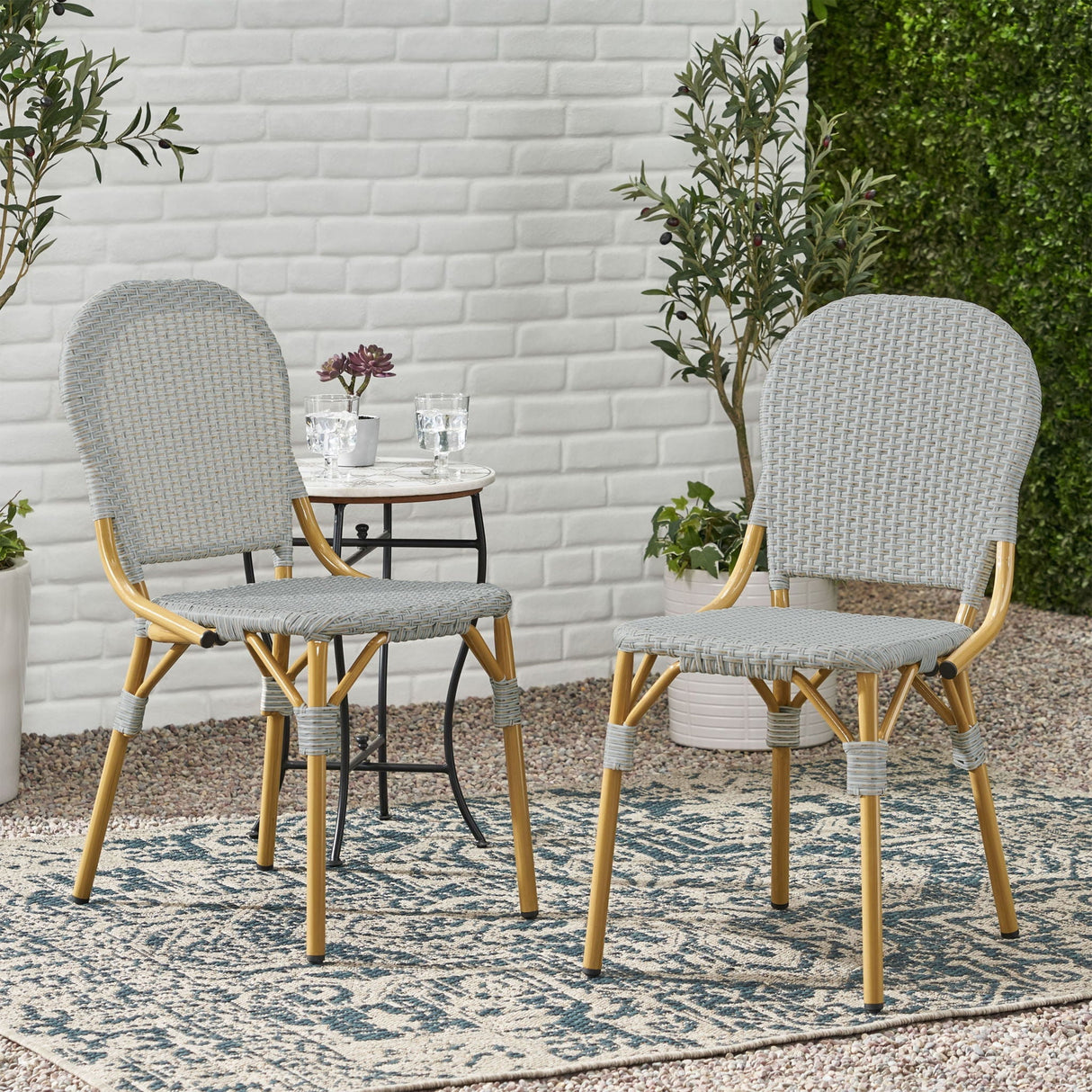 Outdoor Rattan and Aluminum Armless French Bistro Chairs (Set of 2) - Dark Gray