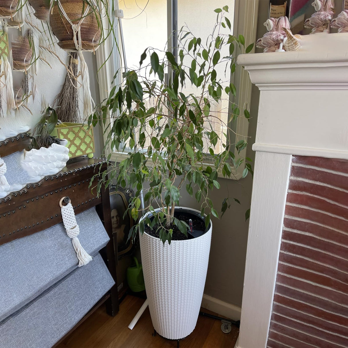 Set of 2 Faux Rattan Tall Planters with Automatic Watering System