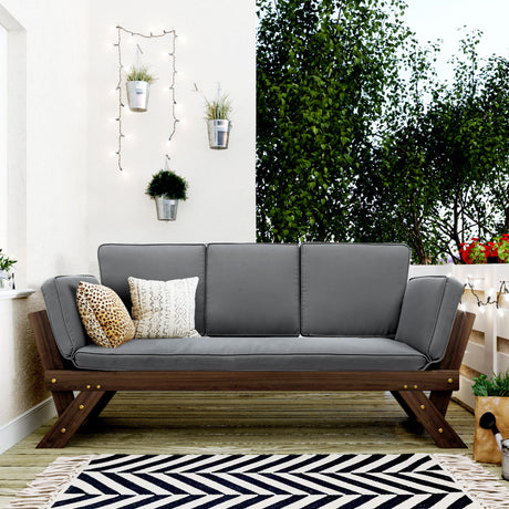 Outdoor-adjustable-patio-wooden-daybed-sofa-chaise-lounge-with-cushions-for-small-places,-brown-finish+gray-cushion-Outdoor-Beds