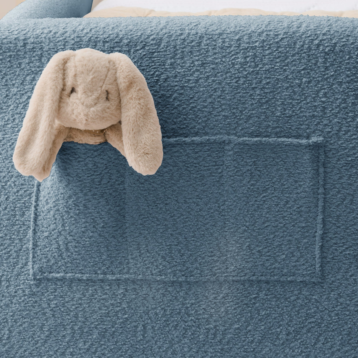Twin Size Upholstered Platform Bed with Cute Rabbit Ear Shaped Headboard, with Safety Rail and Pocket, Boucle Fabric