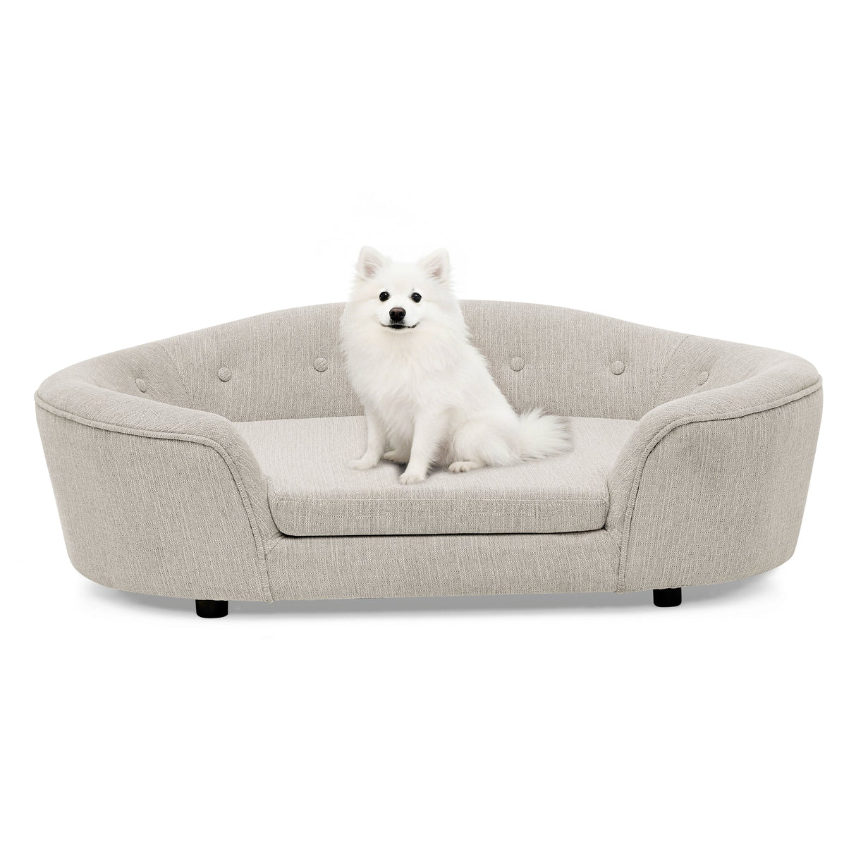 OVERSIZED Size Oval Semi-Enclosed Dog Sofa - Durable Linen Material, Button-Tufted Backrest, High-Center Low-Sides Support & Plush Comfort-Beige