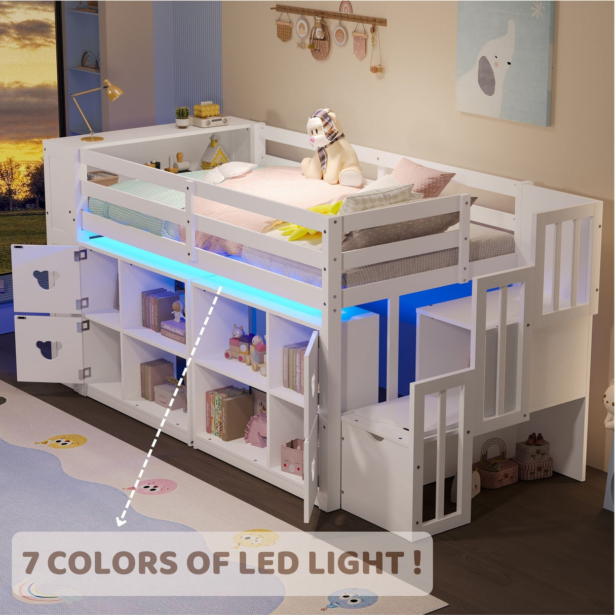 Loft Bed with Storage Cabinets, Staircase Drawers & LED Lights