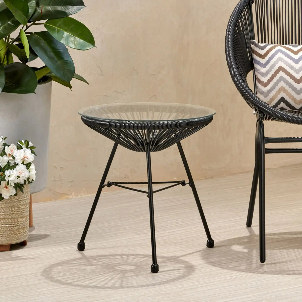 Nusa Modern Rattan Side Table with Tempered Glass Top