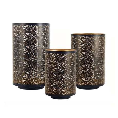 Set-of-3,-Pierced-Metal-Hurricanes-in-Black-&-Gold,-L:D7x12'--M:D6x10'--S:D5x8'-Candle-Holders
