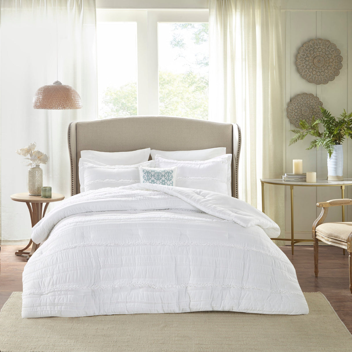 5 Piece Microfiber Ruffled Comforter Set White California King