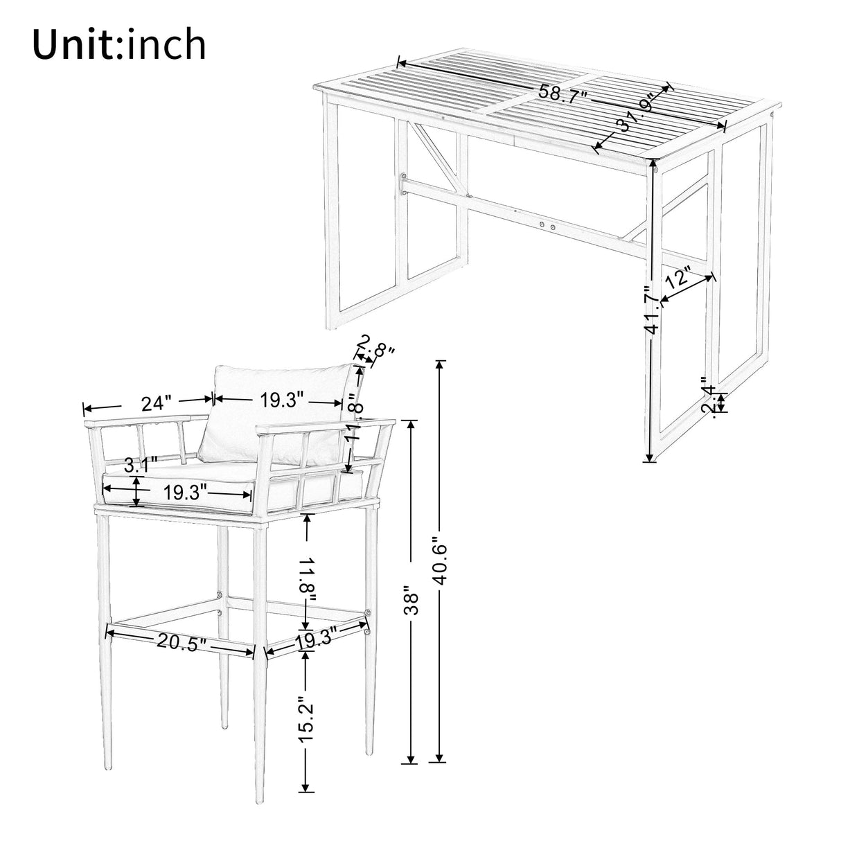 Iron Outdoor Dining Set with Acacia Wood Armrest