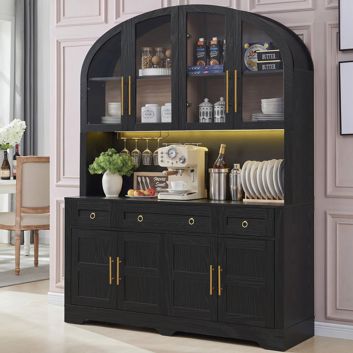 K&K 75.8" Tall Arched Kitchen Pantry Cabinet with LED & Charging Station
