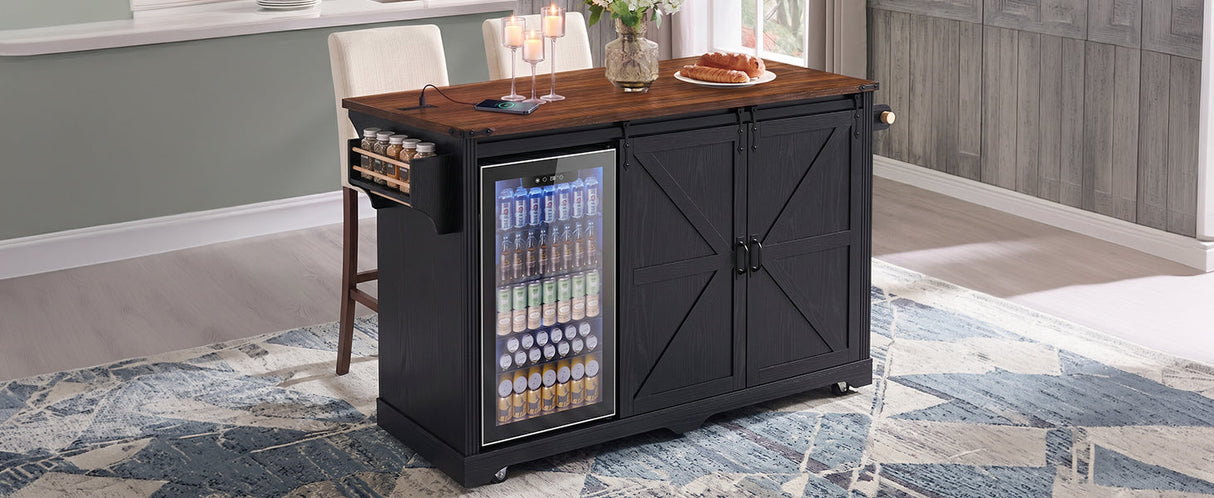 K&K 72" Farmhouse Kitchen Island with Fridge Storage Space & Power Outlet