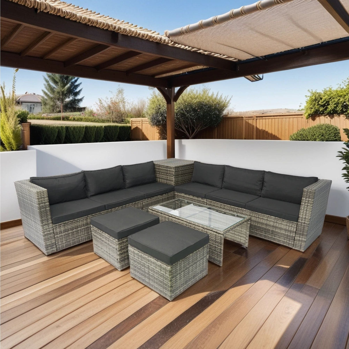 8 Piece Patio Sectional Wicker Rattan Outdoor Furniture Sof Set With One Storage Box Under Seat And Cushion Box - Gray / Black