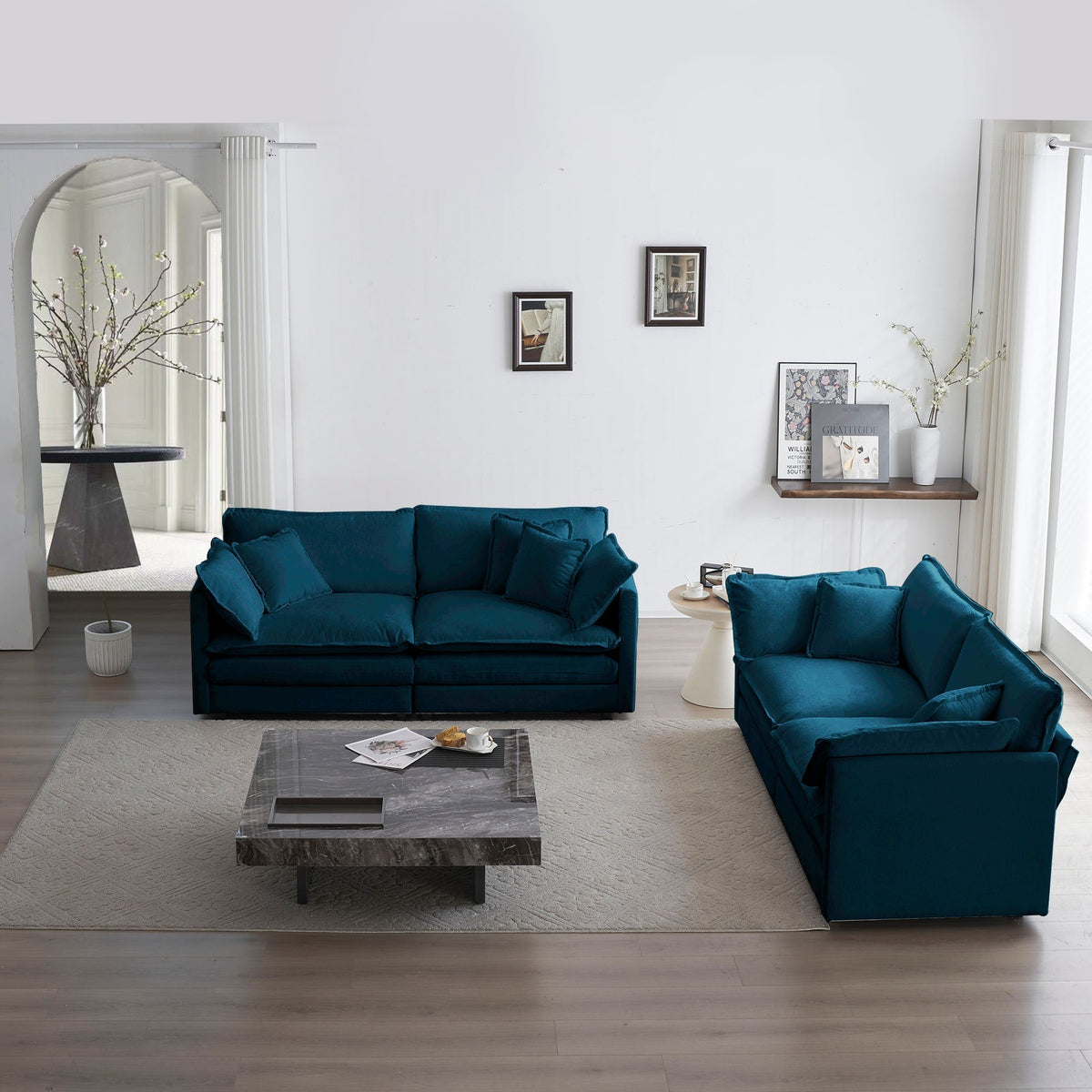 2-Piece Living Room Sofa Set in Blue Chenille