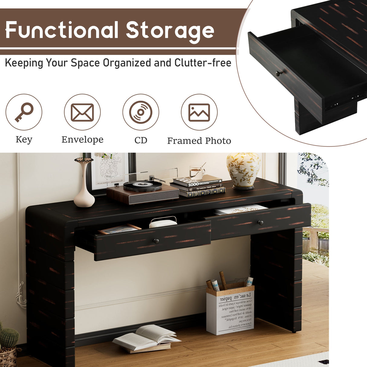 Curved Console Table with StorageDistressed Black