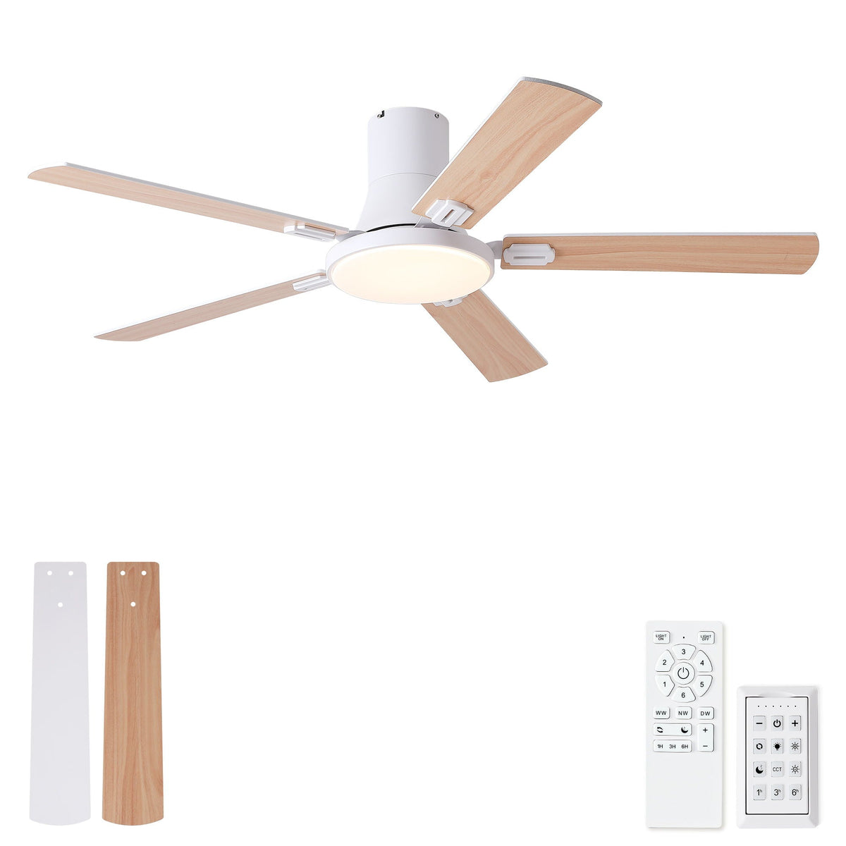 Flush Mount Ceiling Fans With LED Light And Remote Control, 5 Blades